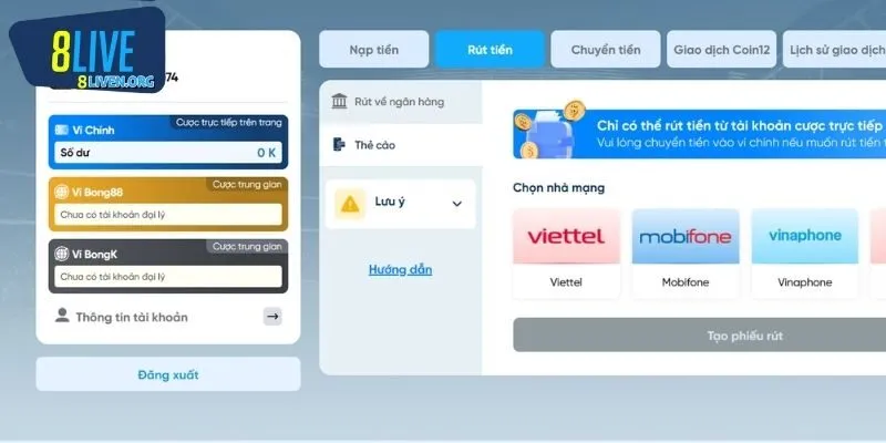Rút tiền 8LIVE qua thẻ cào